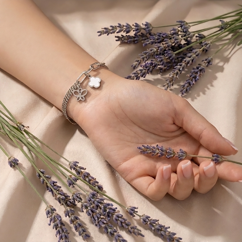 18K White Gold Plated Stainless Steel Butterfly Flower Charm Link Bracelet - Picture 7 of 11